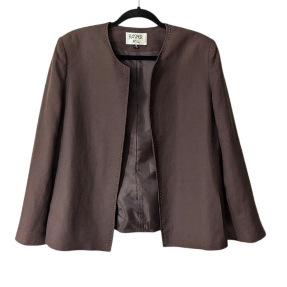 Kasper Women's Linen Chocolate Brown Blazer With Beats Trim Detail Size 14